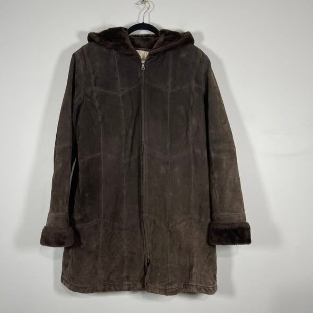 VTG Covington Patchwork Suede Coat Womens XL Dark Brown Faux Fur Lined Hood Boho